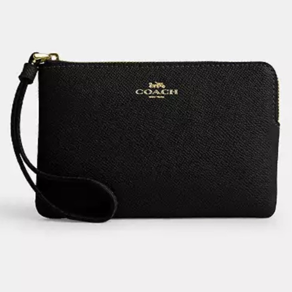 NWT Coach Black Leather Corner Zip Wristlet with strap